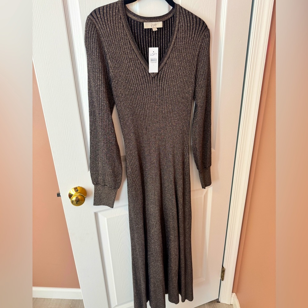 NWT Loft sweater midi dress long sleeve with brown and gold sparkles size L